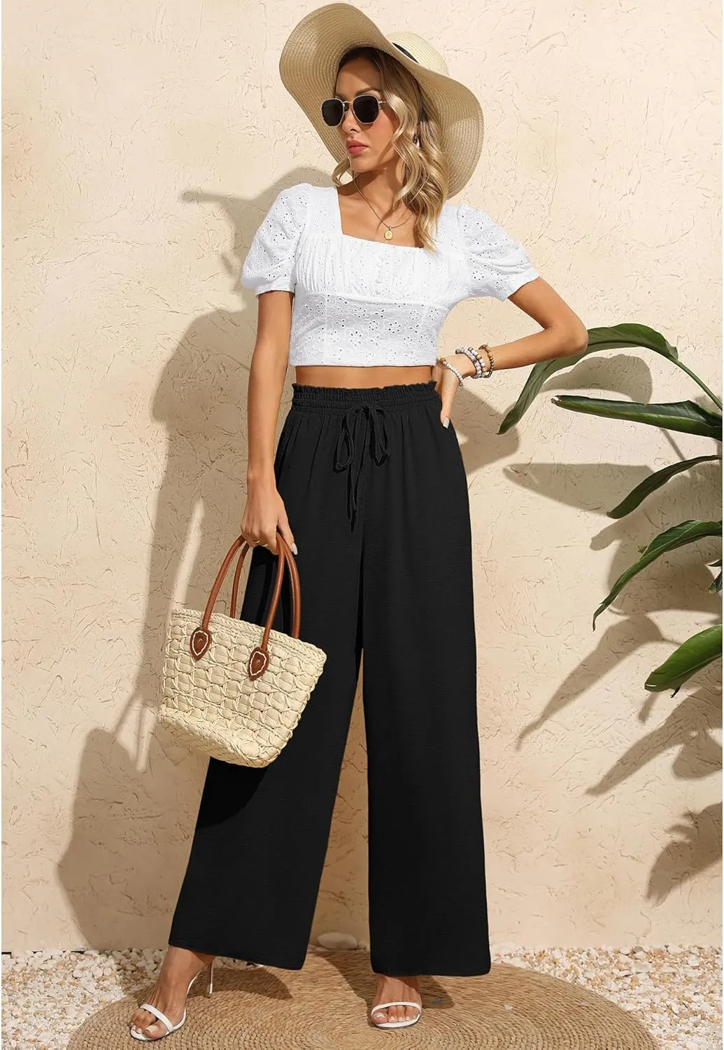 CZYINXIAN Women's Casual Wide Leg Pants Flowy Adjustable Tie Knot Elastic Waist Pants with Pockets