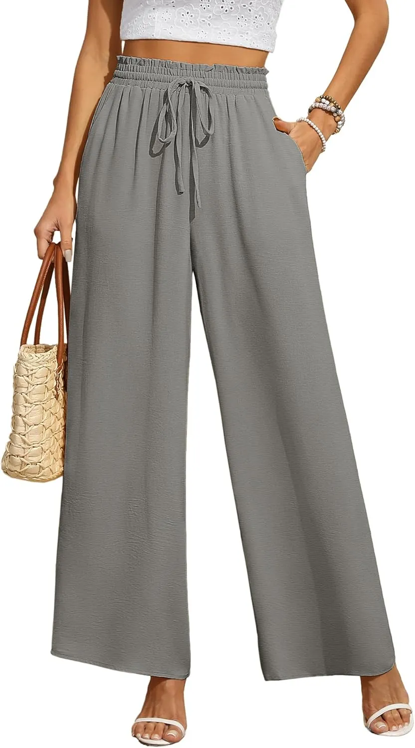 CZYINXIAN Women's Casual Wide Leg Pants Flowy Adjustable Tie Knot Elastic Waist Pants with Pockets