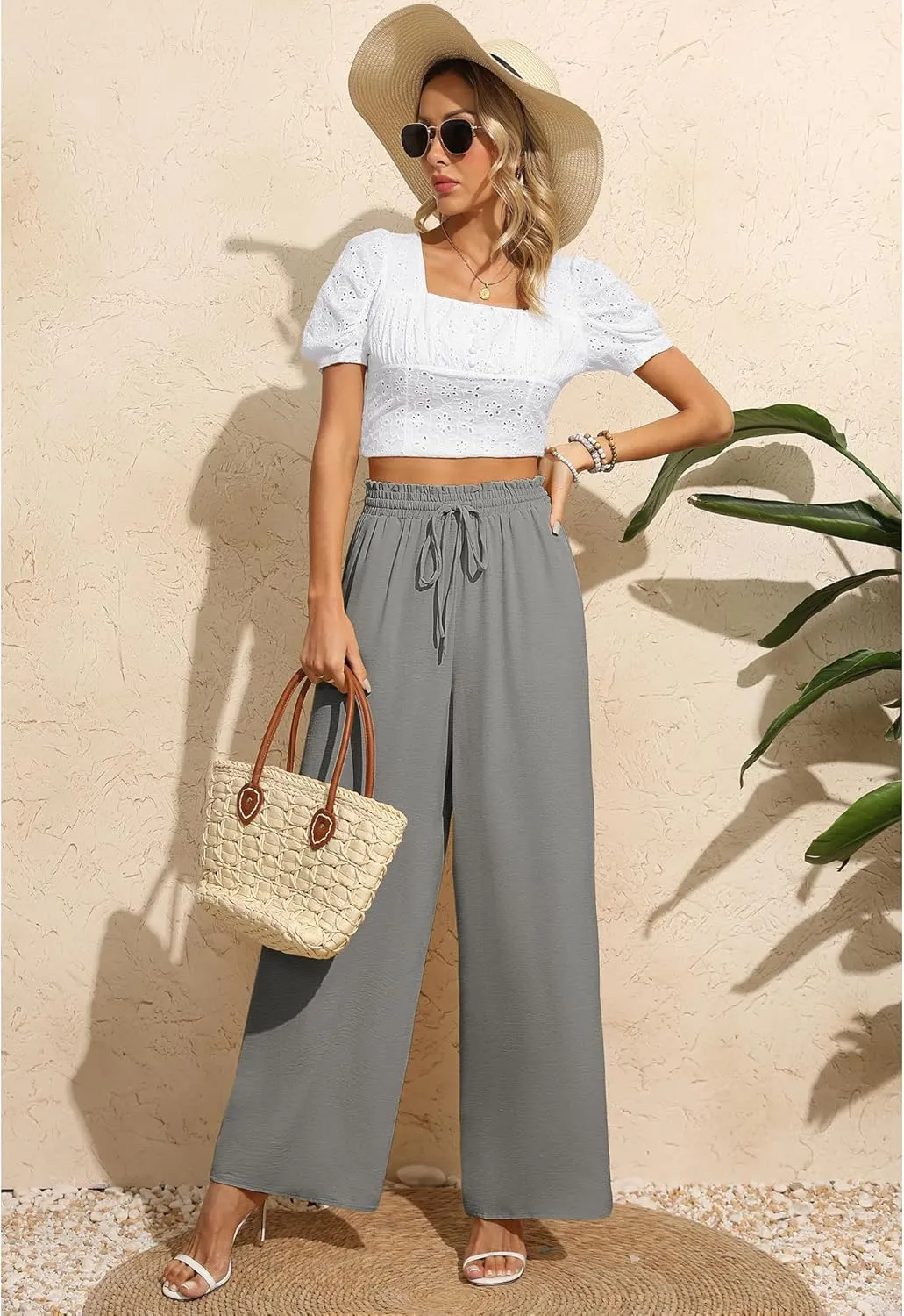 CZYINXIAN Women's Casual Wide Leg Pants Flowy Adjustable Tie Knot Elastic Waist Pants with Pockets