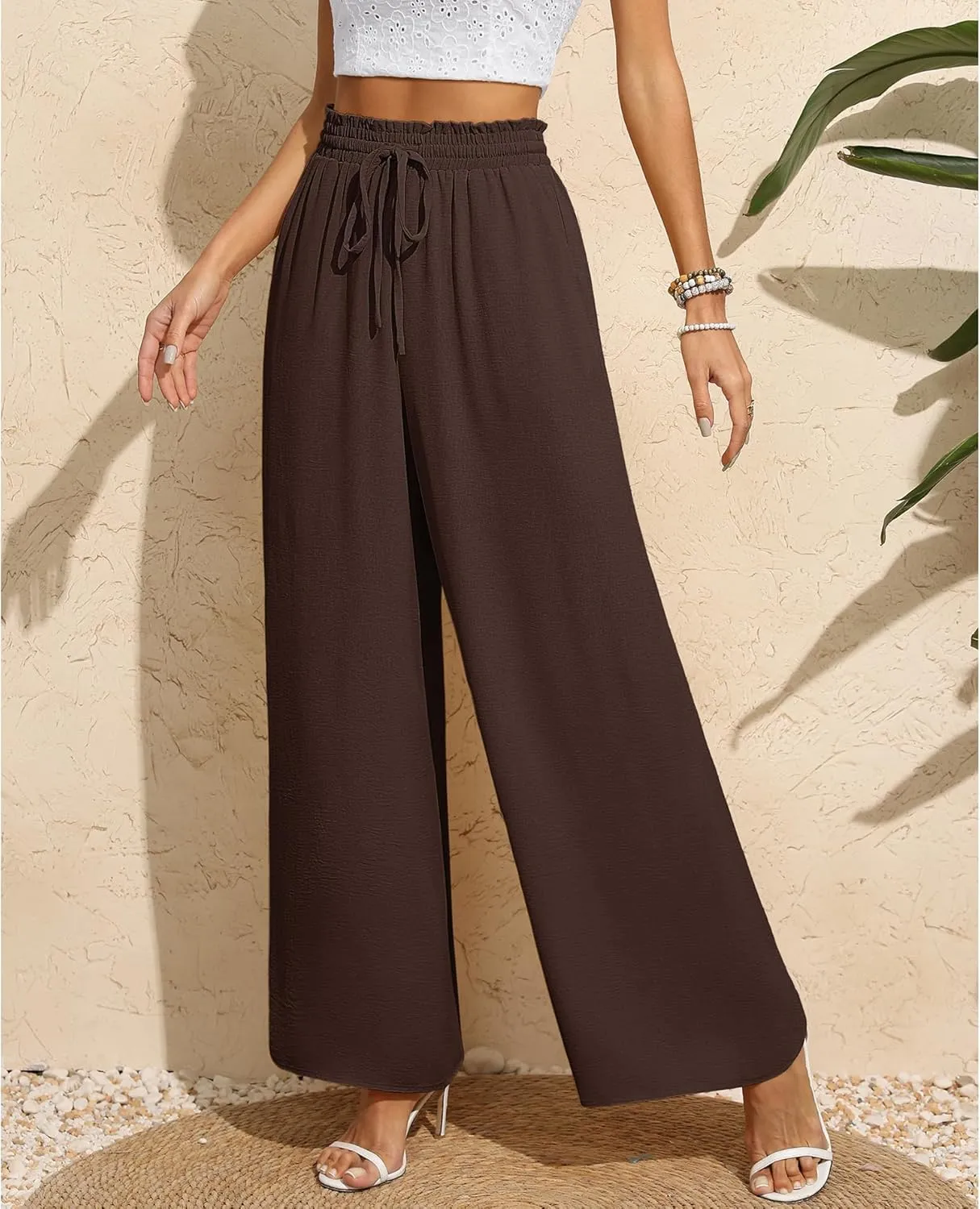 CZYINXIAN Women's Casual Wide Leg Pants Flowy Adjustable Tie Knot Elastic Waist Pants with Pockets