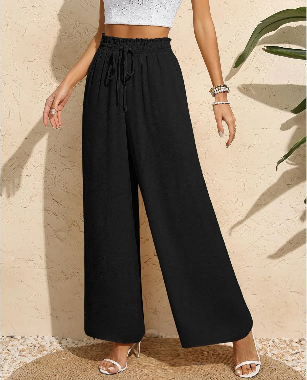 CZYINXIAN Women's Casual Wide Leg Pants Flowy Adjustable Tie Knot Elastic Waist Pants with Pockets