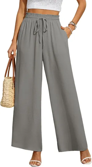 CZYINXIAN Women's Casual Wide Leg Pants Flowy Adjustable Tie Knot Elastic Waist Pants with Pockets