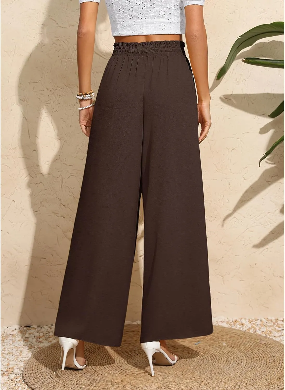 CZYINXIAN Women's Casual Wide Leg Pants Flowy Adjustable Tie Knot Elastic Waist Pants with Pockets