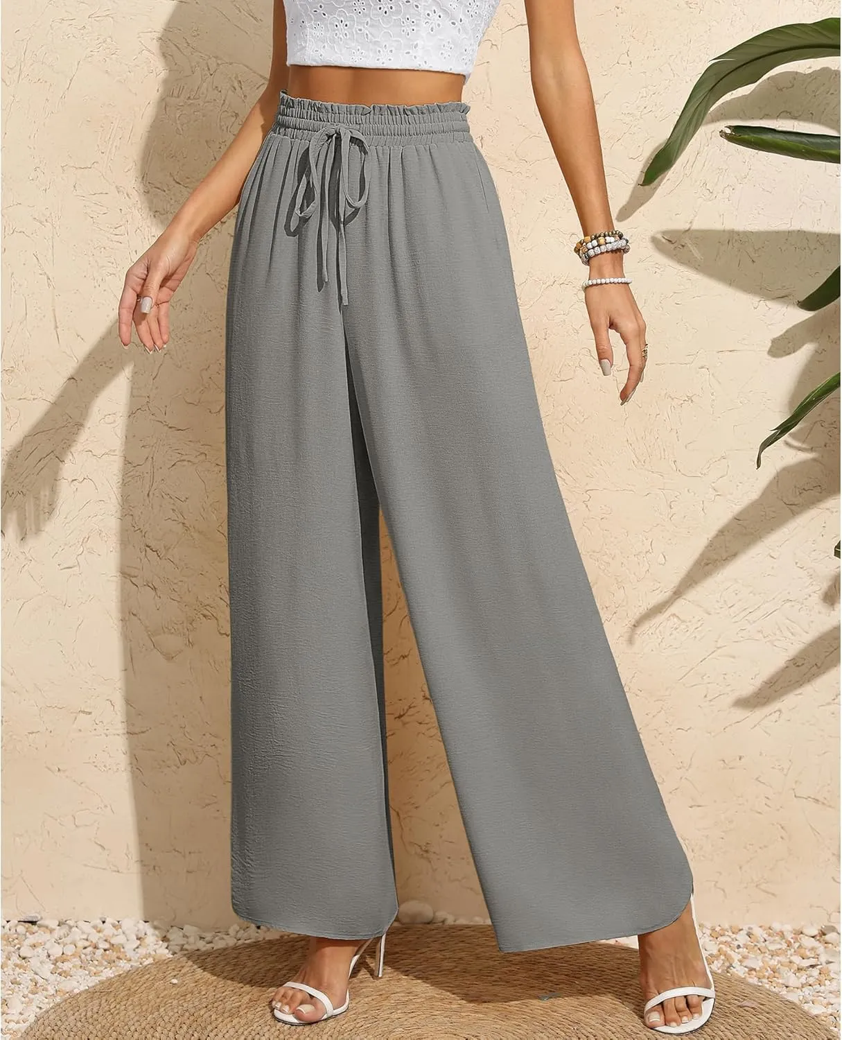 CZYINXIAN Women's Casual Wide Leg Pants Flowy Adjustable Tie Knot Elastic Waist Pants with Pockets