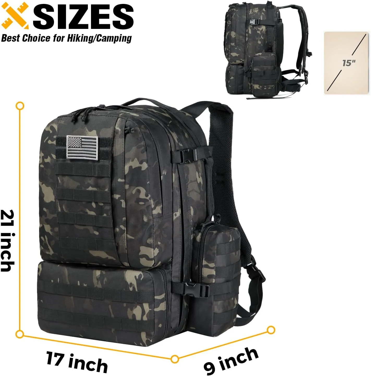 DBTAC Tactical Backpack 50L Large Classic Army 3-DAYS Assault Pack Molle Bag for Outdoor Hiking/Travel/Work (Black Camo)