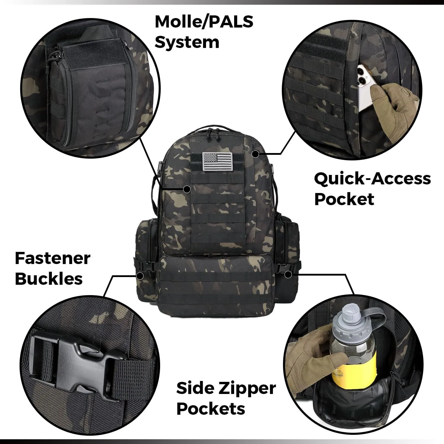 DBTAC Tactical Backpack 50L Large Classic Army 3-DAYS Assault Pack Molle Bag for Outdoor Hiking/Travel/Work (Black Camo)