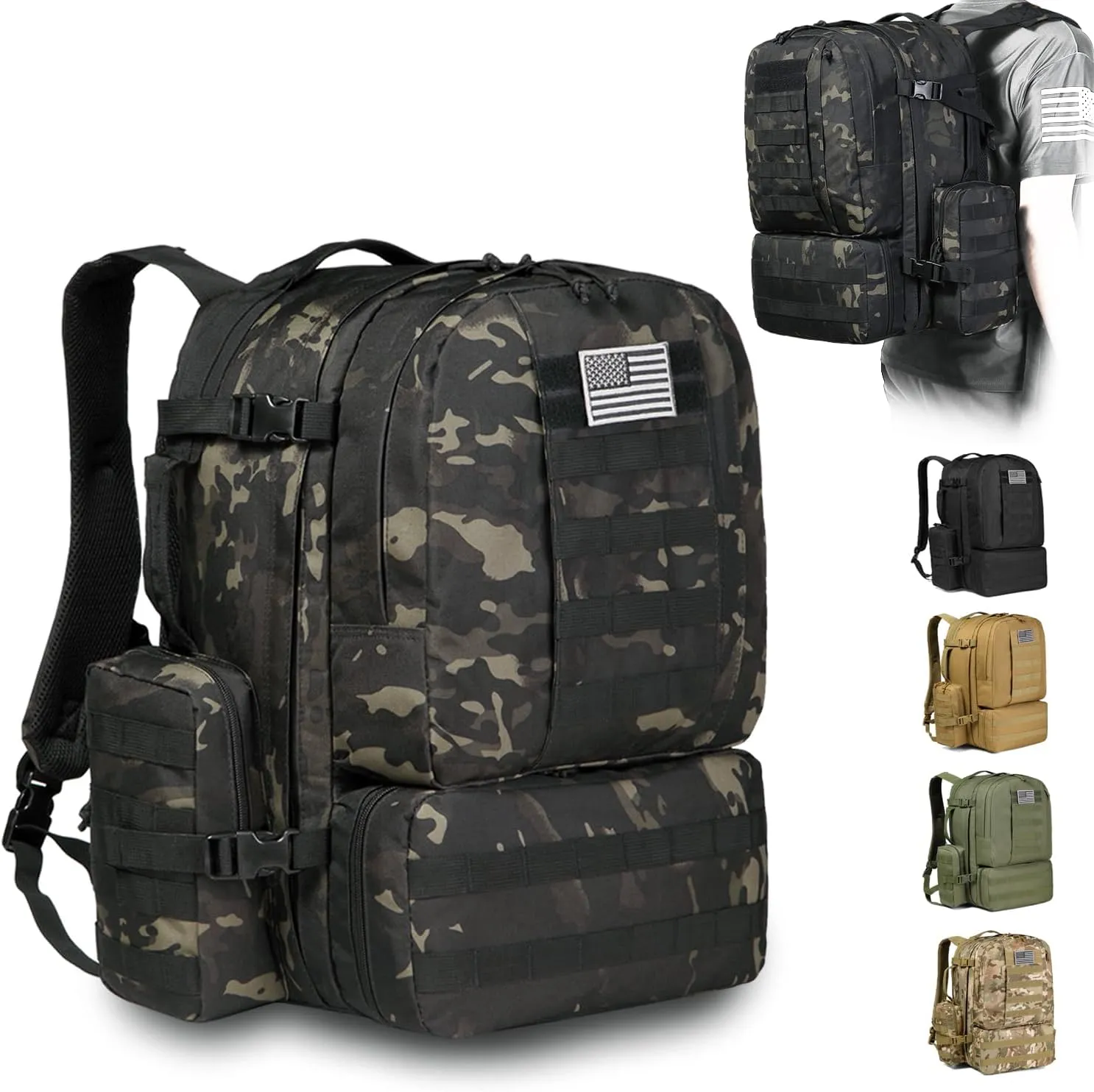 DBTAC Tactical Backpack 50L Large Classic Army 3-DAYS Assault Pack Molle Bag for Outdoor Hiking/Travel/Work (Black Camo)