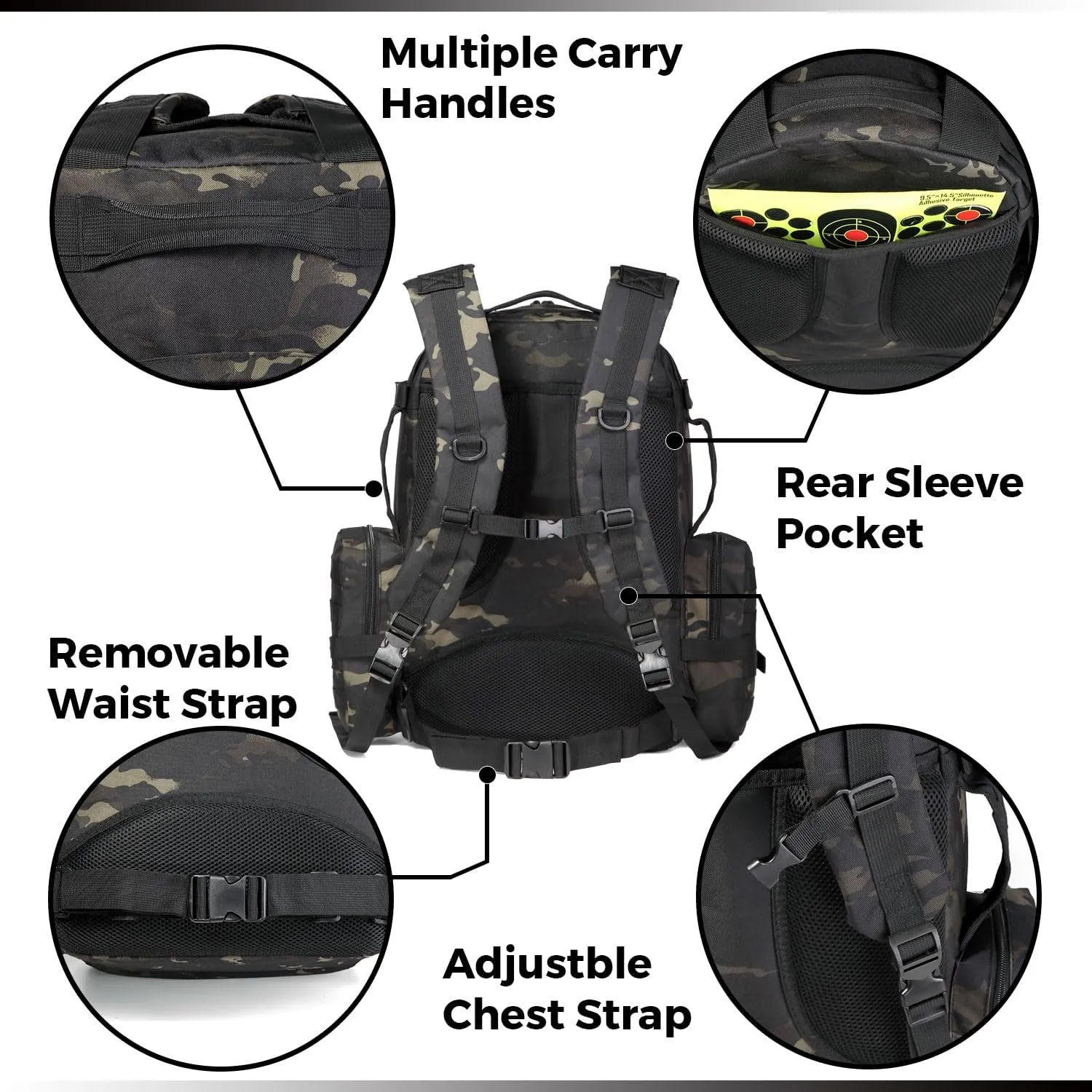 DBTAC Tactical Backpack 50L Large Classic Army 3-DAYS Assault Pack Molle Bag for Outdoor Hiking/Travel/Work (Black Camo)