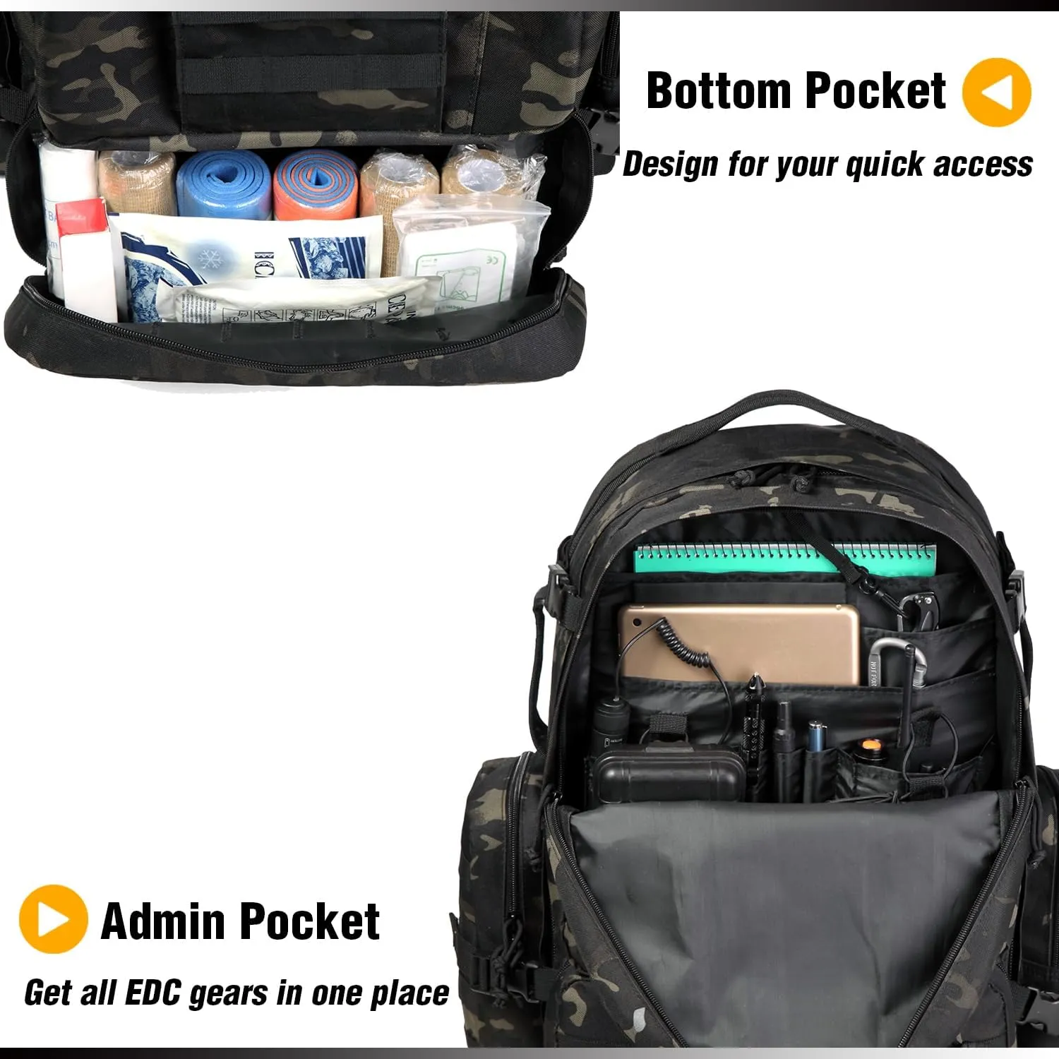 DBTAC Tactical Backpack 50L Large Classic Army 3-DAYS Assault Pack Molle Bag for Outdoor Hiking/Travel/Work (Black Camo)