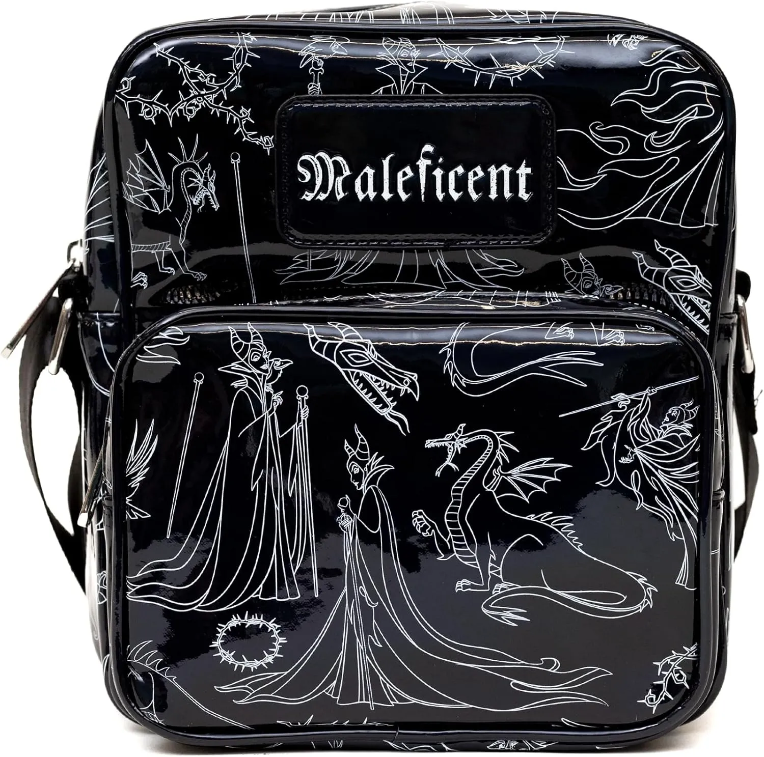 Disney Vegan Leather Crossbody Backpack with Adjustable Strap, Sleeping Beauty Villain Maleficent Poses Holographic Black/White