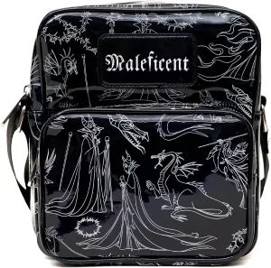 Disney Vegan Leather Crossbody Backpack with Adjustable Strap, Sleeping Beauty Villain Maleficent Poses Holographic Black/White
