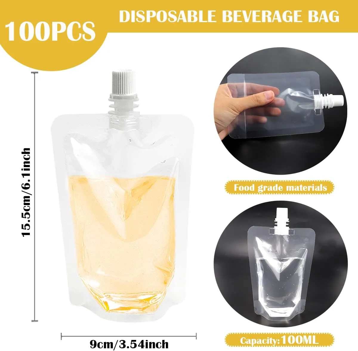 DOERDO 100 Pcs Reusable Plastic Flask Drink Pouches Portable Beverage Jelly Coffee Water Bagfor Home Travel Party Wedding Supplies, 100ml/3.4oz