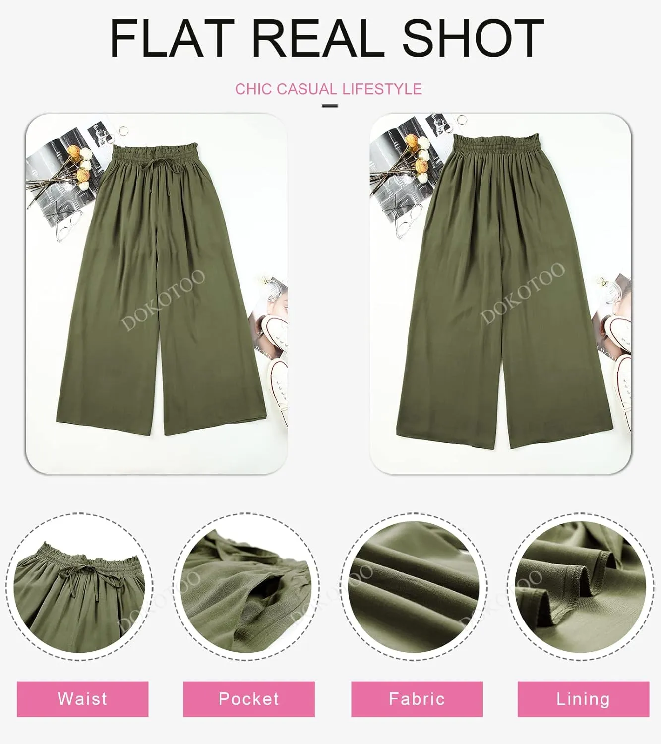 Dokotoo Pants for Women Casual Elastic Waist Wide Leg Pants with Pockets