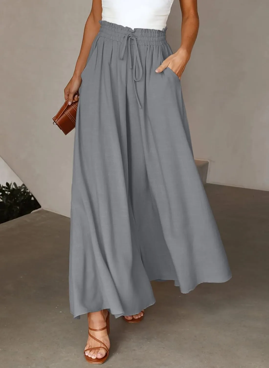 Dokotoo Pants for Women Casual Elastic Waist Wide Leg Pants with Pockets