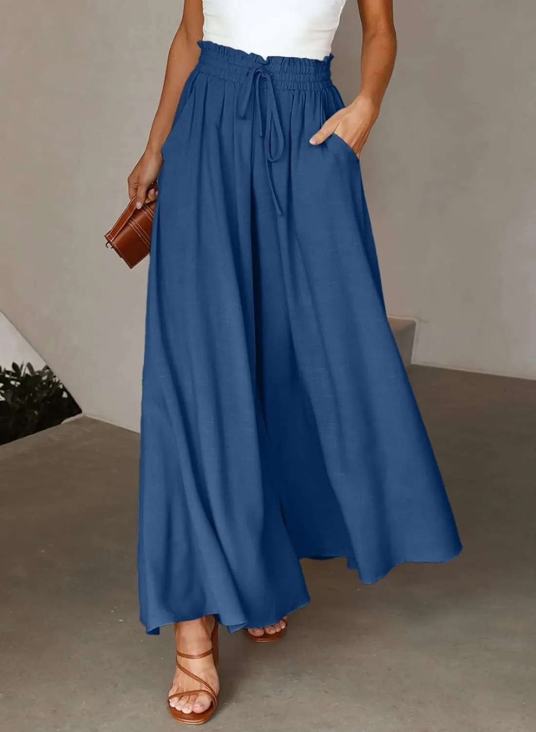 Dokotoo Pants for Women Casual Elastic Waist Wide Leg Pants with Pockets