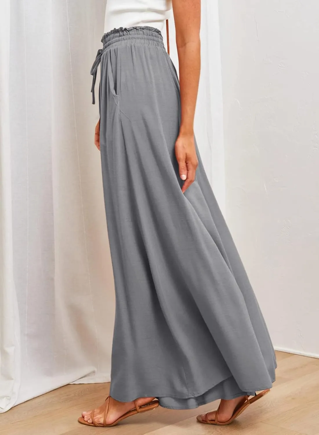 Dokotoo Pants for Women Casual Elastic Waist Wide Leg Pants with Pockets