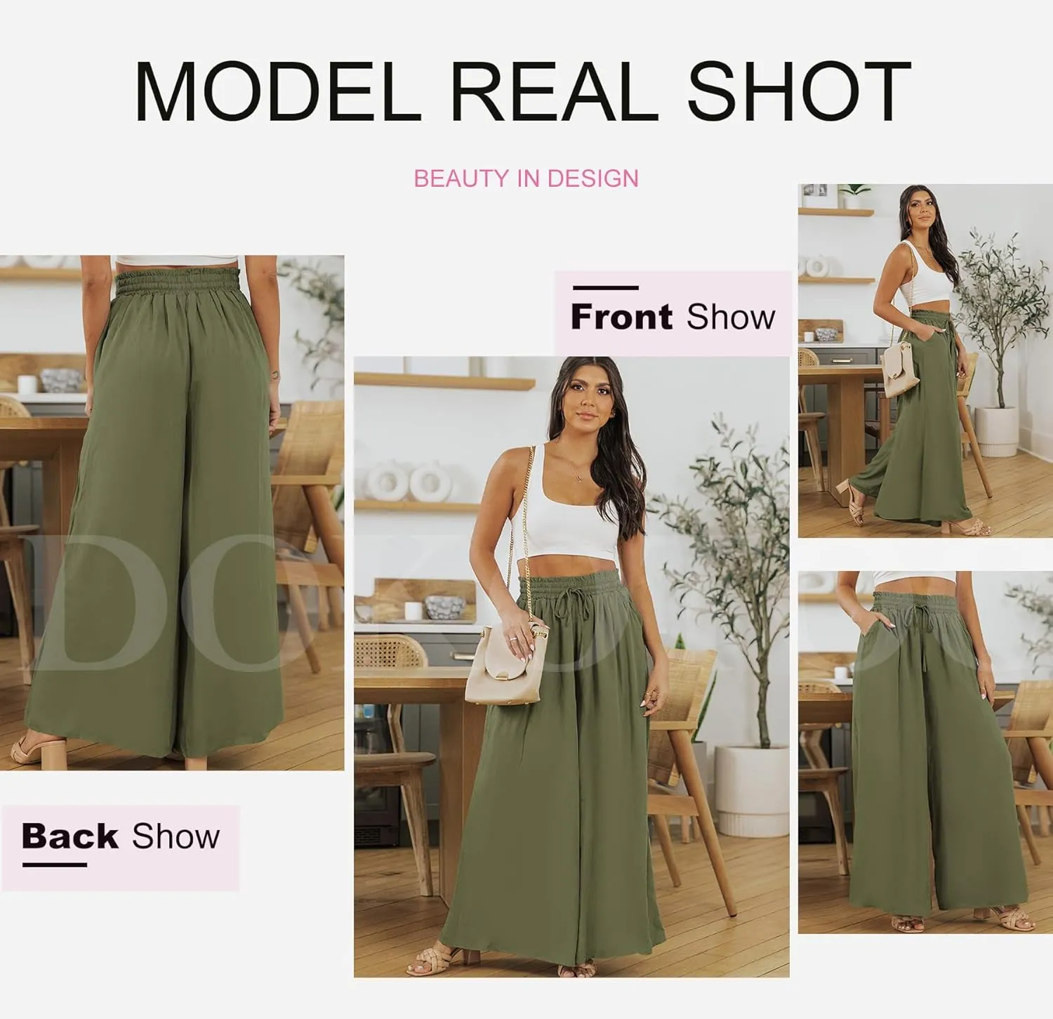 Dokotoo Pants for Women Casual Elastic Waist Wide Leg Pants with Pockets