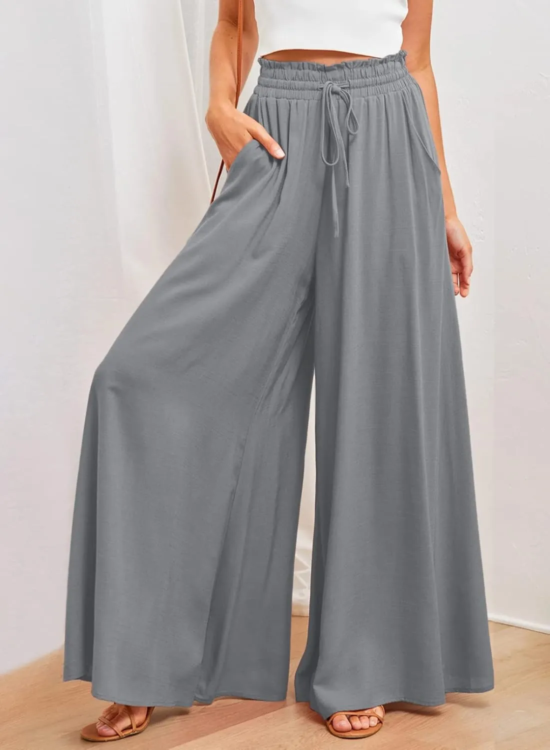 Dokotoo Pants for Women Casual Elastic Waist Wide Leg Pants with Pockets