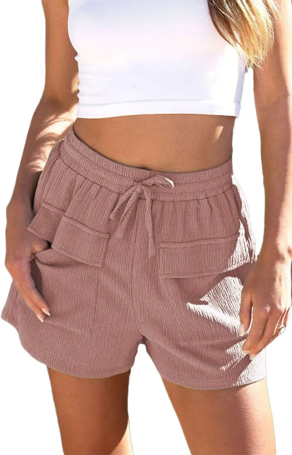 Dokotoo Womens 2024 Casual Shorts Waist Drawstring Front Pockets Comfy Elastic Summer Shorts with Pockets S-XL