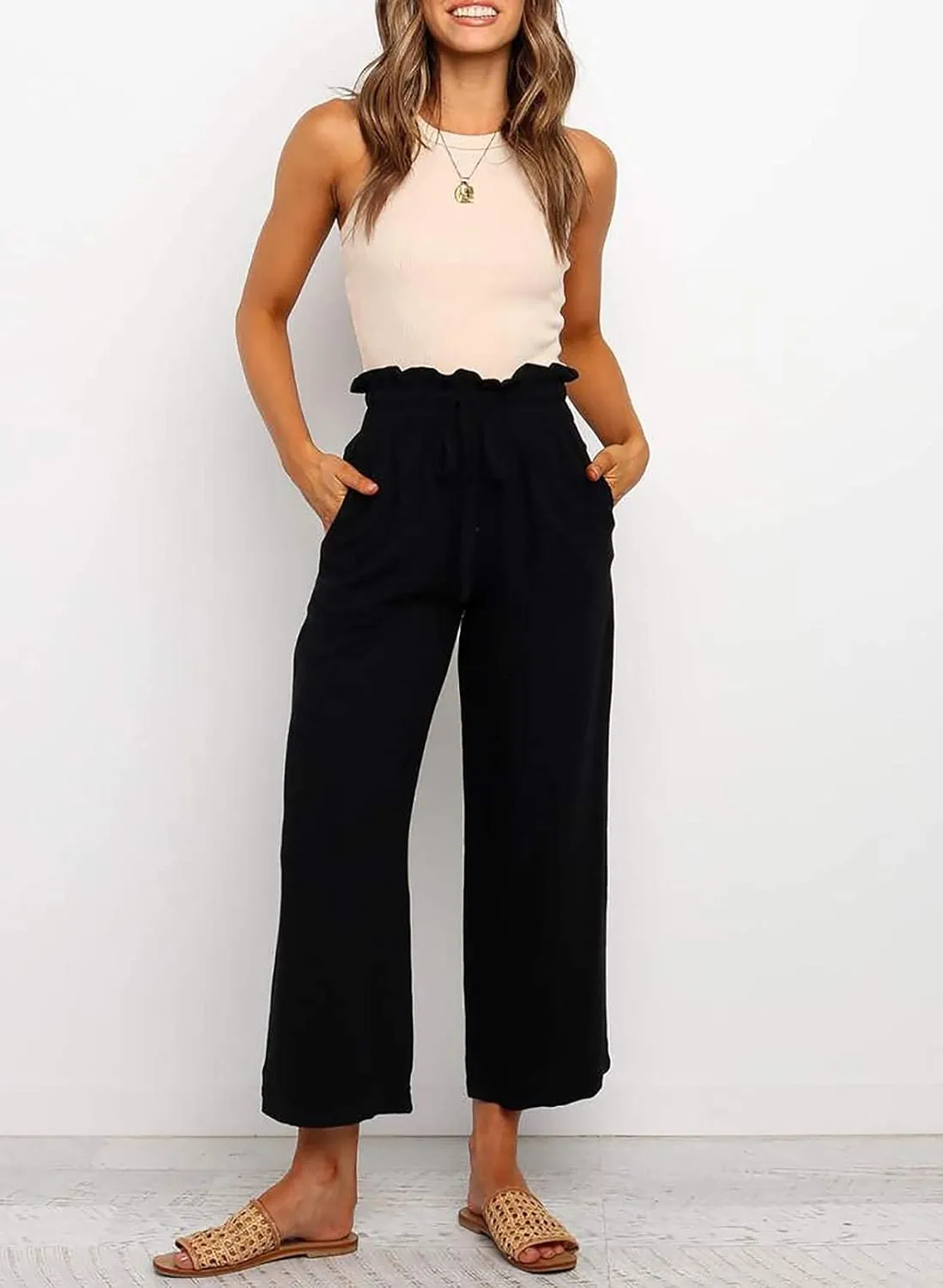 Dokotoo Womens Casual Elastic Waist Solid Comfy Jogging Jogger Pants with Pockets