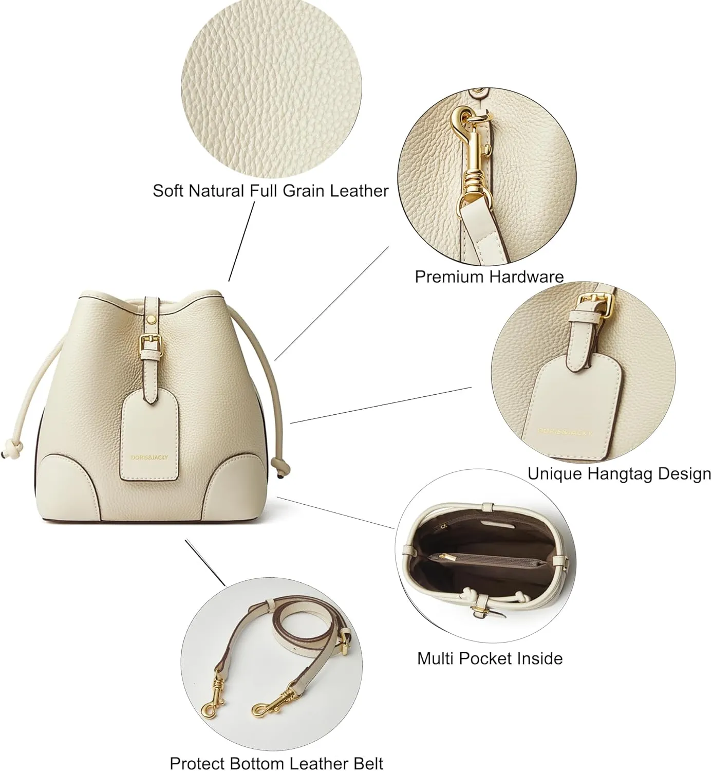 DORIS&JACKY Small Leather Bucket Hobo Purse for Women Designer Drawstring Crossbody Bag and Handbags