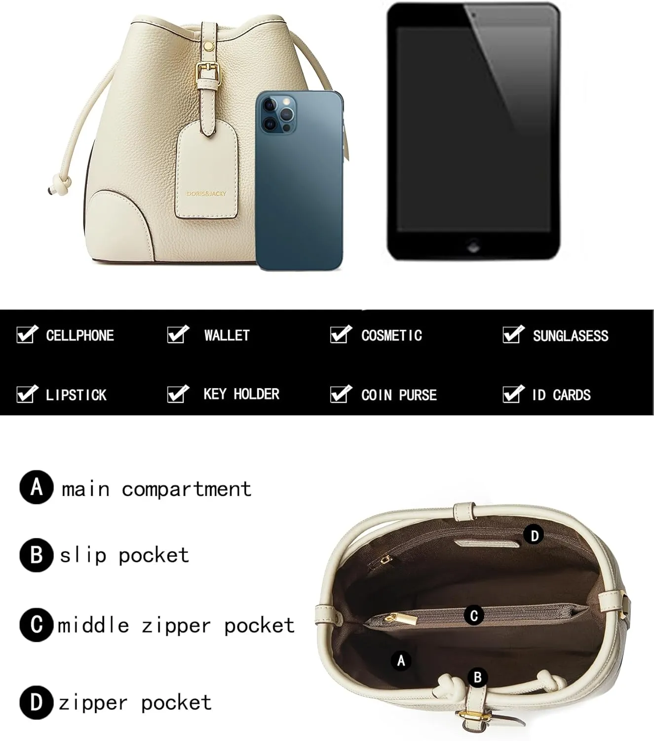 DORIS&JACKY Small Leather Bucket Hobo Purse for Women Designer Drawstring Crossbody Bag and Handbags