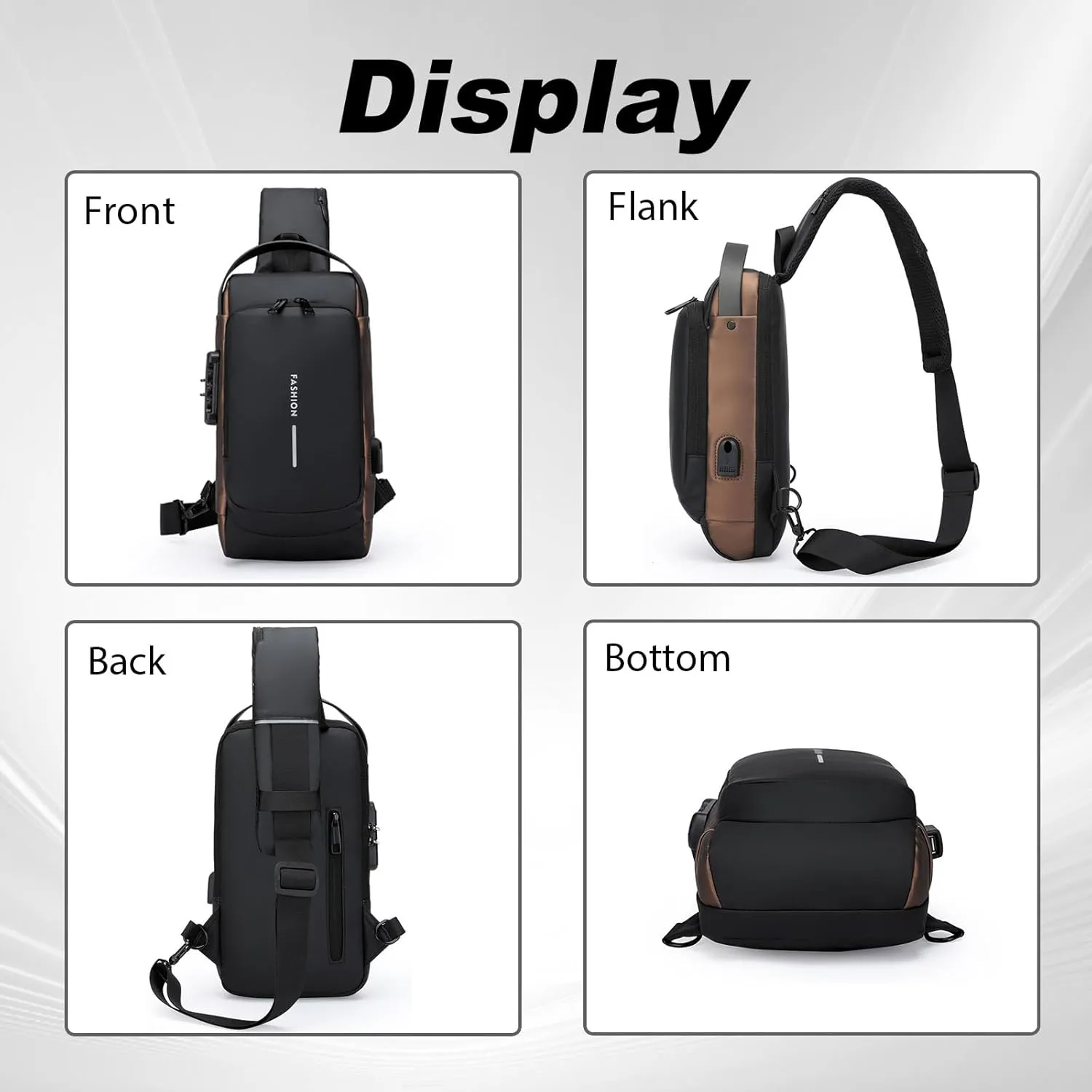 DOTH Carbon Fiber Streamline Anti-theft Sling Bag, USB Charging Sport Sling, Waterproof Shoulder Backpack, Sports Crossbody Bag (Blue with Brown)