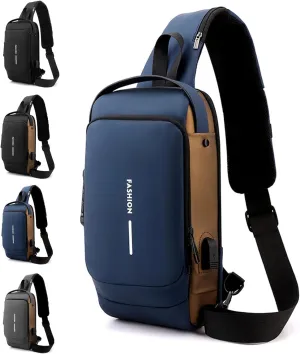 DOTH Carbon Fiber Streamline Anti-theft Sling Bag, USB Charging Sport Sling, Waterproof Shoulder Backpack, Sports Crossbody Bag (Blue with Brown)
