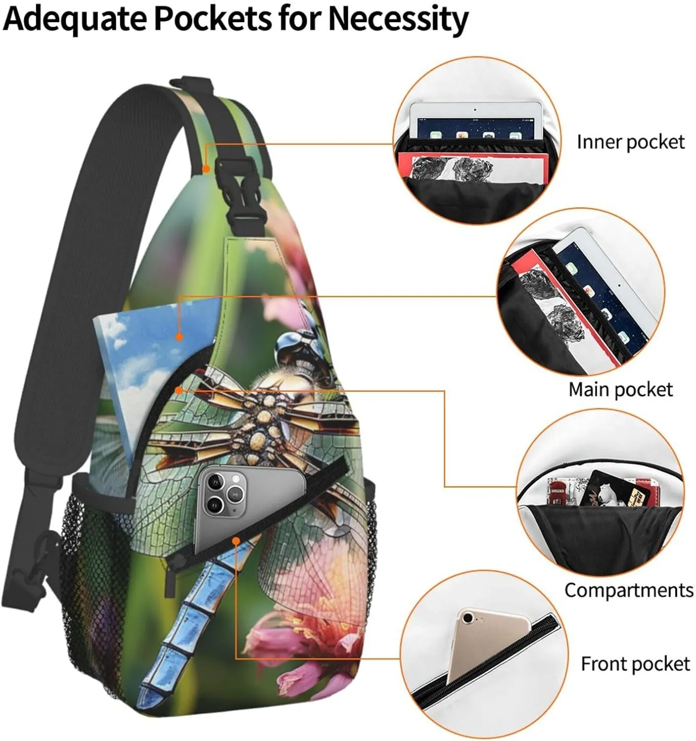 Dragonfly Insects Flowers Sling Bag Backpack For Men Cross Chest Bag Crossbody Shoulder Bag Travel Hiking Daypack