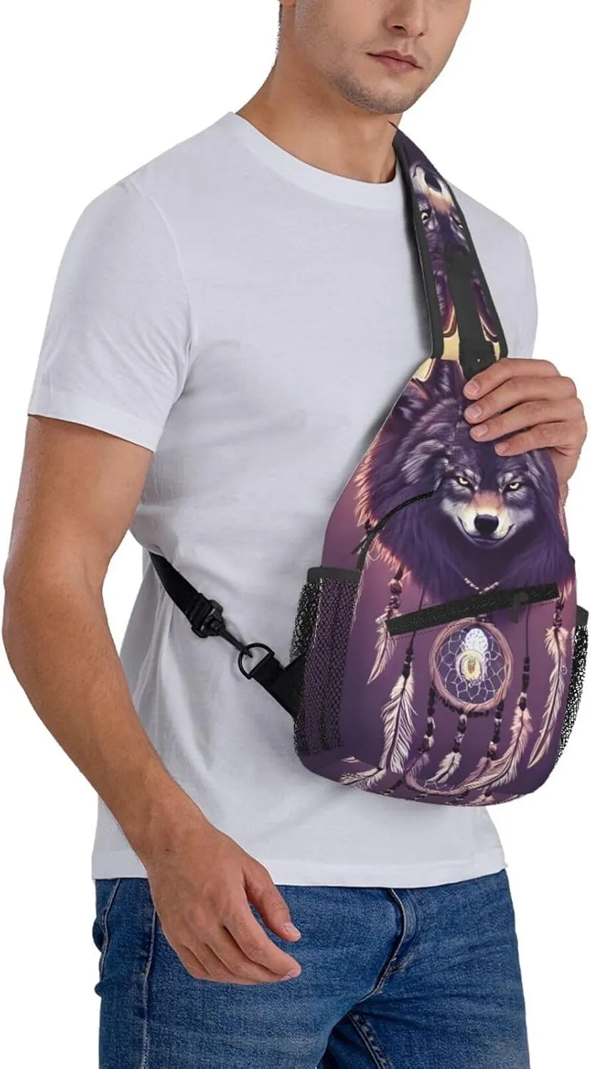Dream Catcher Wolf Sling Bag For Women Men Wolf Pattern Backpack Crossbody Shoulder Bag Sling Backpack Chest Bag Travel Hiking Casual Sport Daypack