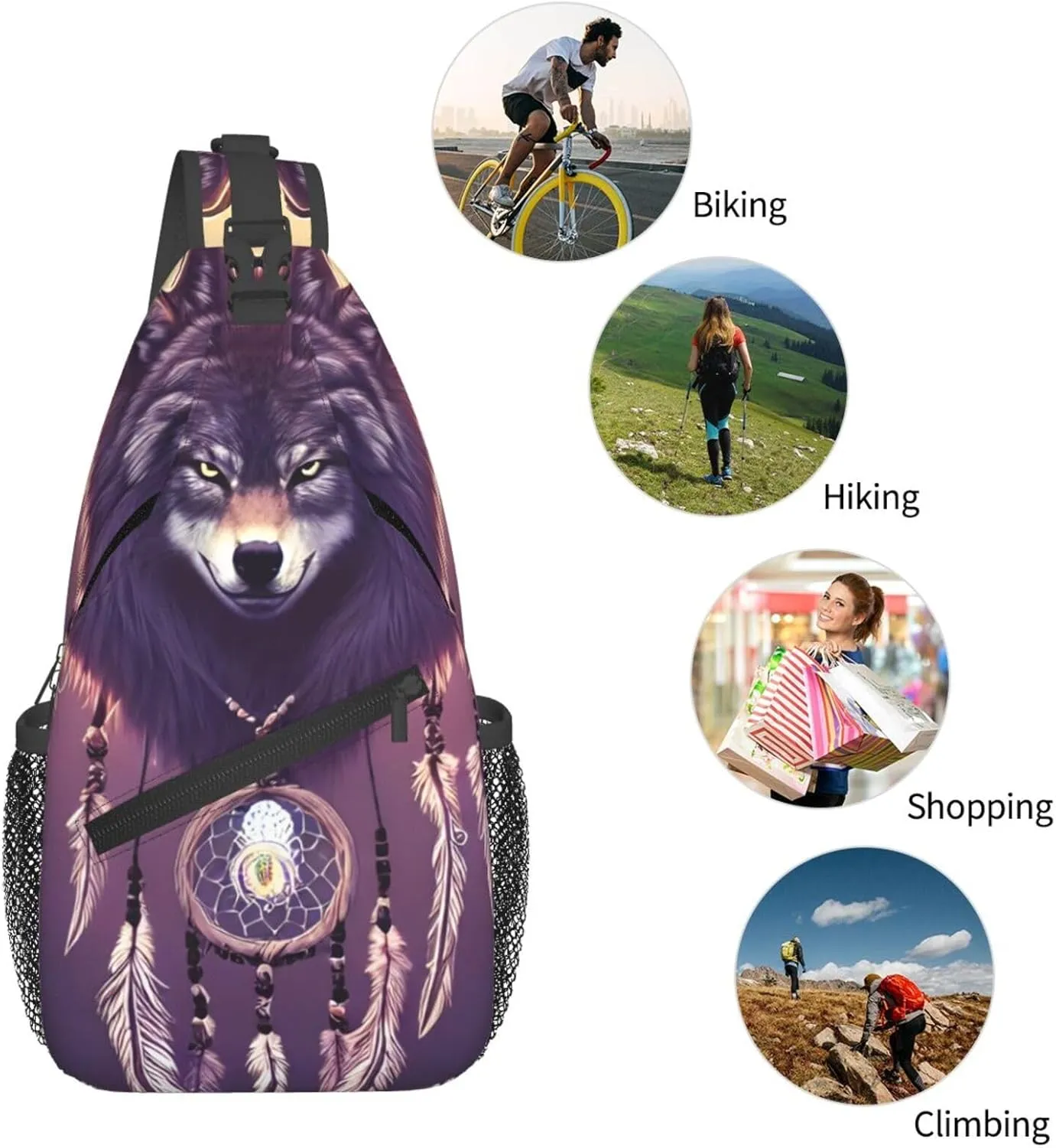 Dream Catcher Wolf Sling Bag For Women Men Wolf Pattern Backpack Crossbody Shoulder Bag Sling Backpack Chest Bag Travel Hiking Casual Sport Daypack