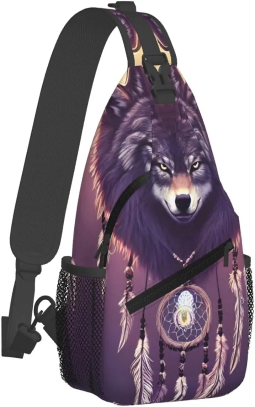 Dream Catcher Wolf Sling Bag For Women Men Wolf Pattern Backpack Crossbody Shoulder Bag Sling Backpack Chest Bag Travel Hiking Casual Sport Daypack
