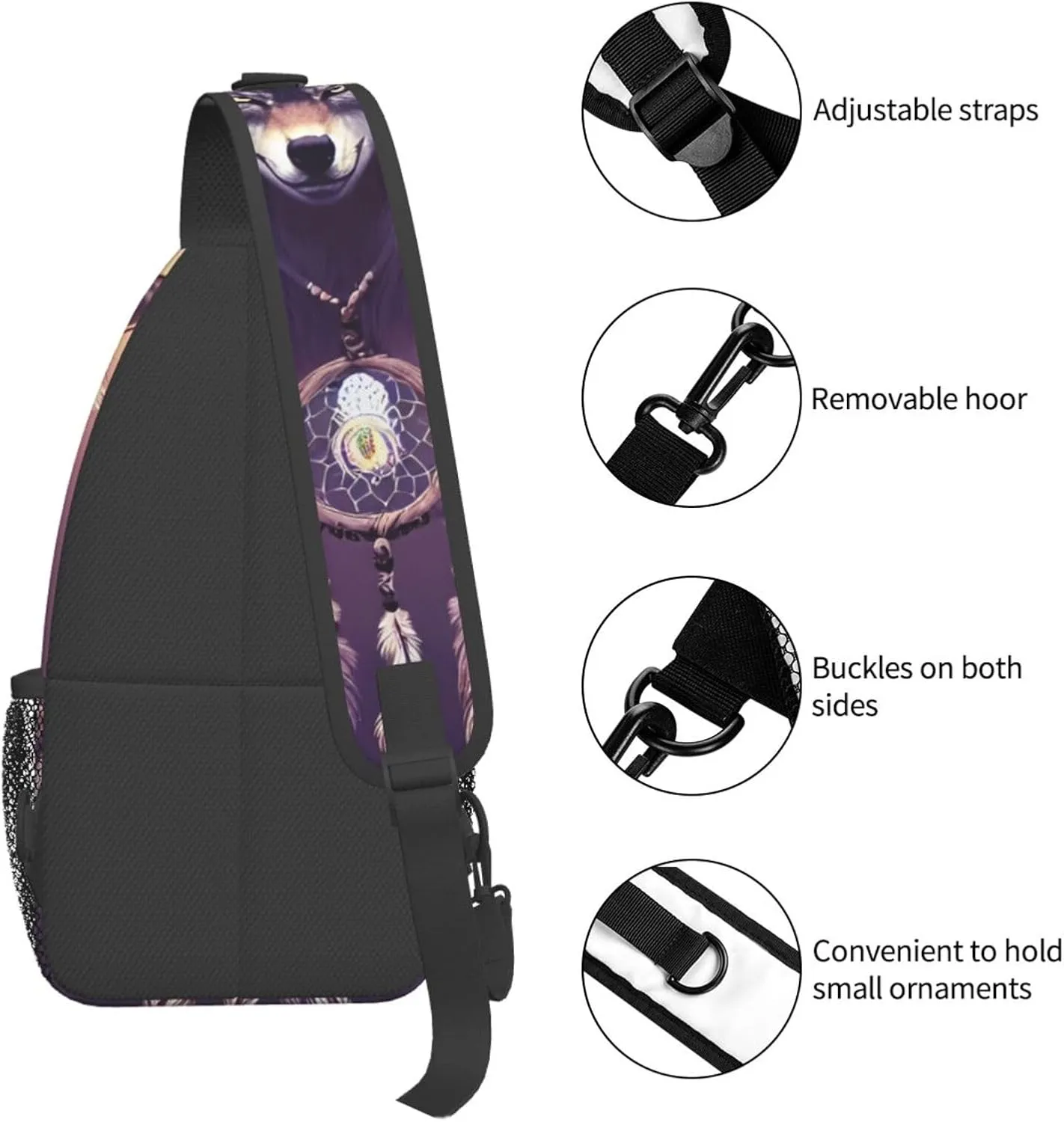 Dream Catcher Wolf Sling Bag For Women Men Wolf Pattern Backpack Crossbody Shoulder Bag Sling Backpack Chest Bag Travel Hiking Casual Sport Daypack