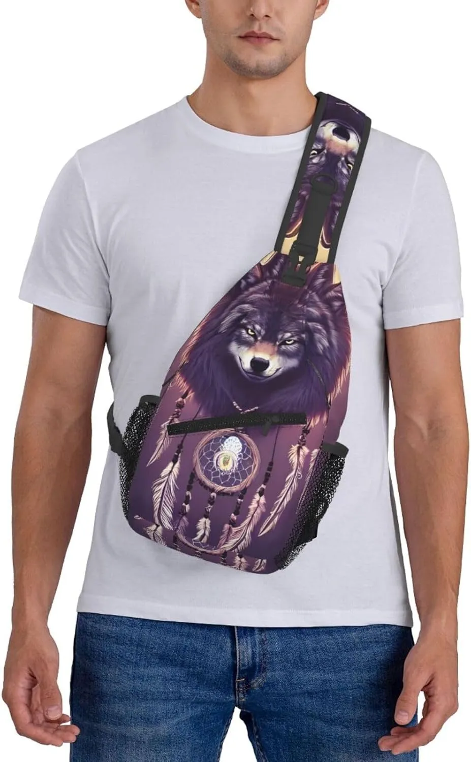Dream Catcher Wolf Sling Bag For Women Men Wolf Pattern Backpack Crossbody Shoulder Bag Sling Backpack Chest Bag Travel Hiking Casual Sport Daypack