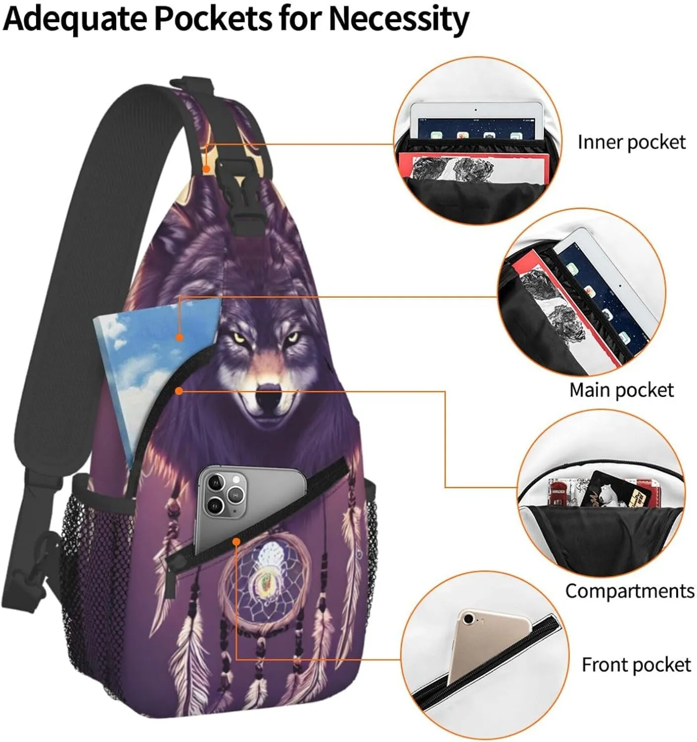 Dream Catcher Wolf Sling Bag For Women Men Wolf Pattern Backpack Crossbody Shoulder Bag Sling Backpack Chest Bag Travel Hiking Casual Sport Daypack