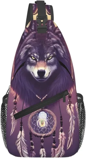 Dream Catcher Wolf Sling Bag For Women Men Wolf Pattern Backpack Crossbody Shoulder Bag Sling Backpack Chest Bag Travel Hiking Casual Sport Daypack