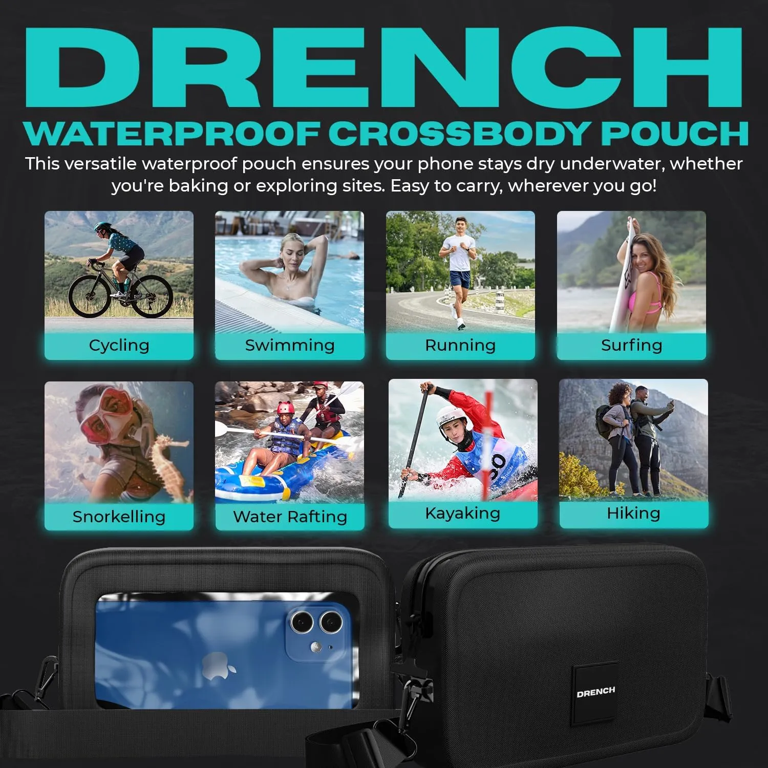 Drench 100% Underwater Waterproof Fanny Pack. Waist Pack. Submersible Waterproof Phone Pouch. Dry Bag for Swimming & Snorkelling. Underwater Phone case.