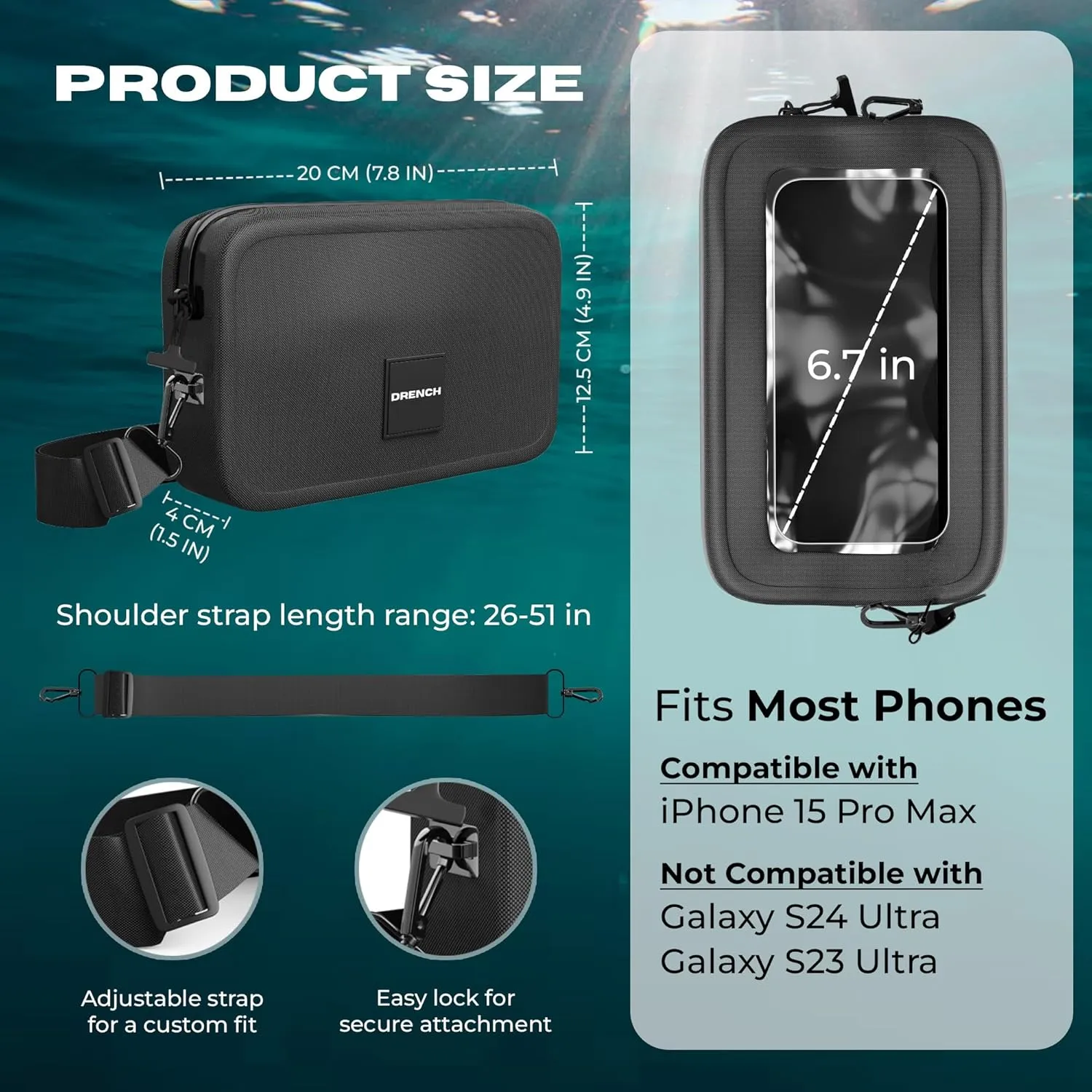 Drench 100% Underwater Waterproof Fanny Pack. Waist Pack. Submersible Waterproof Phone Pouch. Dry Bag for Swimming & Snorkelling. Underwater Phone case.