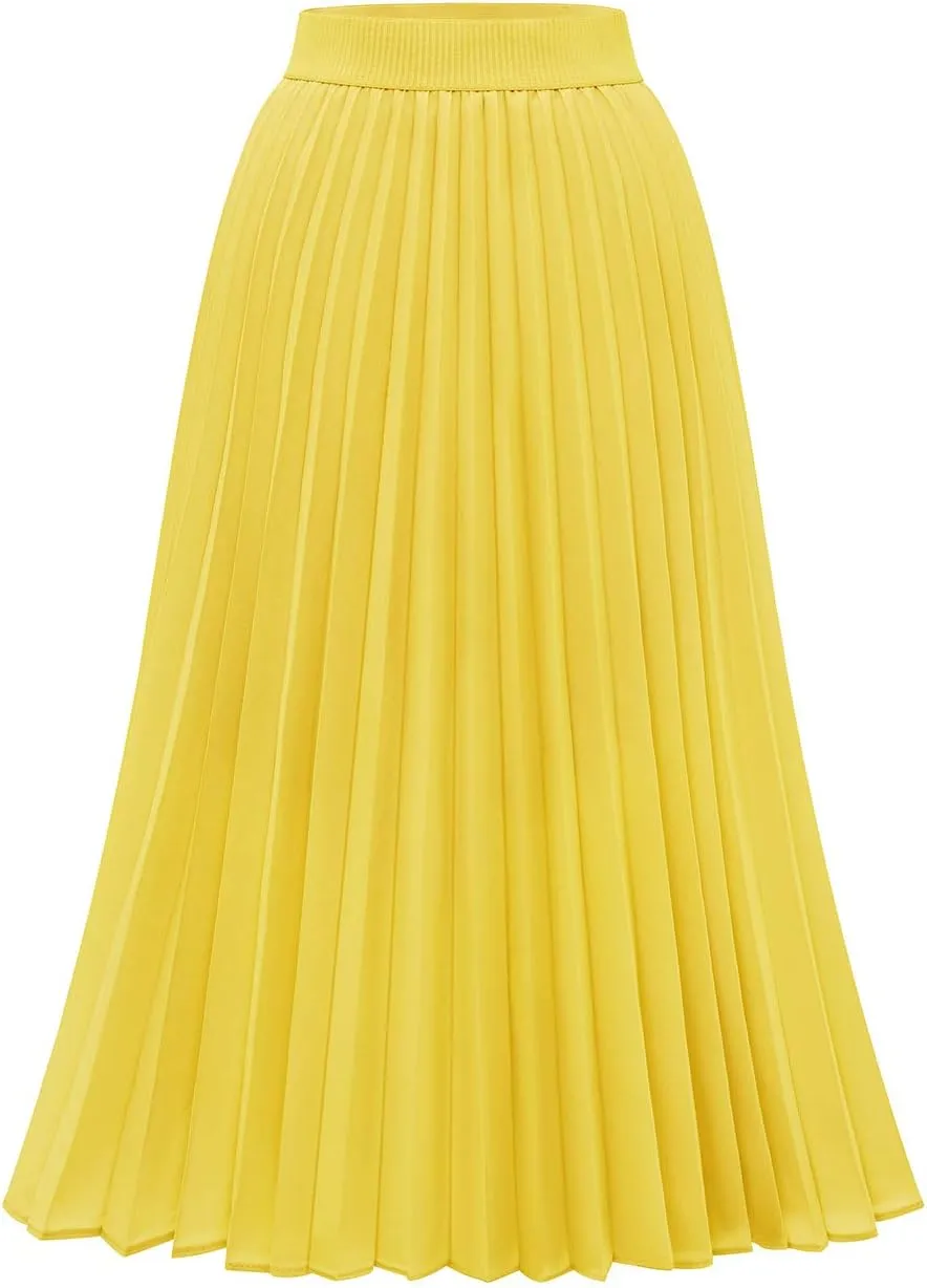 DRESSTELLS Pleated Midi Skirts for Women, Aline Long High Elastic Waisted Summer Flowy Chiffon Swing Skirt