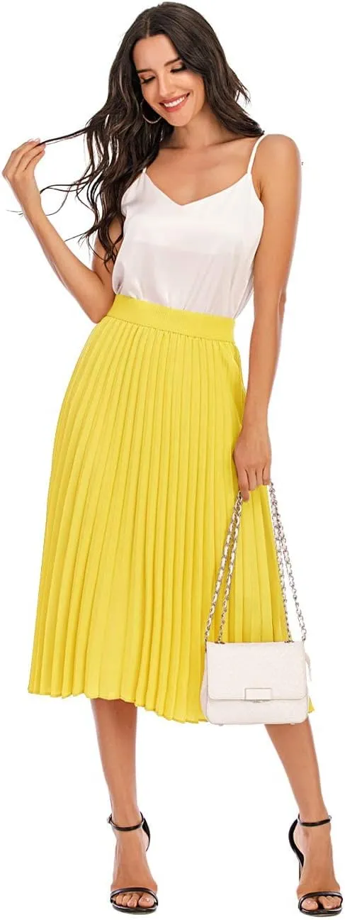DRESSTELLS Pleated Midi Skirts for Women, Aline Long High Elastic Waisted Summer Flowy Chiffon Swing Skirt