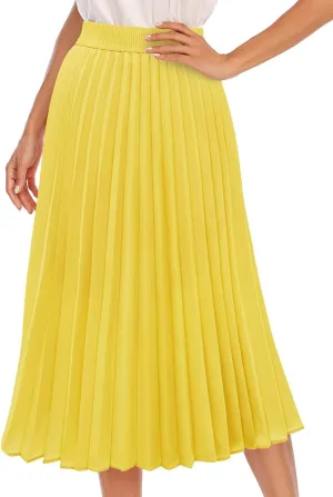 DRESSTELLS Pleated Midi Skirts for Women, Aline Long High Elastic Waisted Summer Flowy Chiffon Swing Skirt