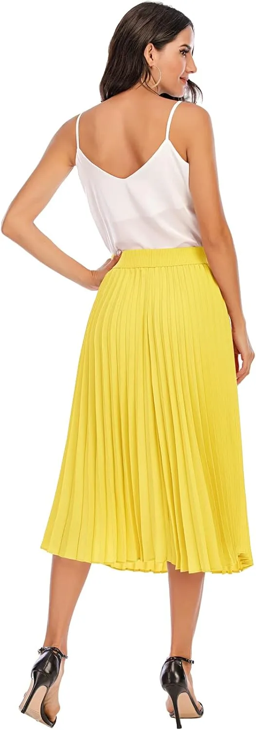 DRESSTELLS Pleated Midi Skirts for Women, Aline Long High Elastic Waisted Summer Flowy Chiffon Swing Skirt