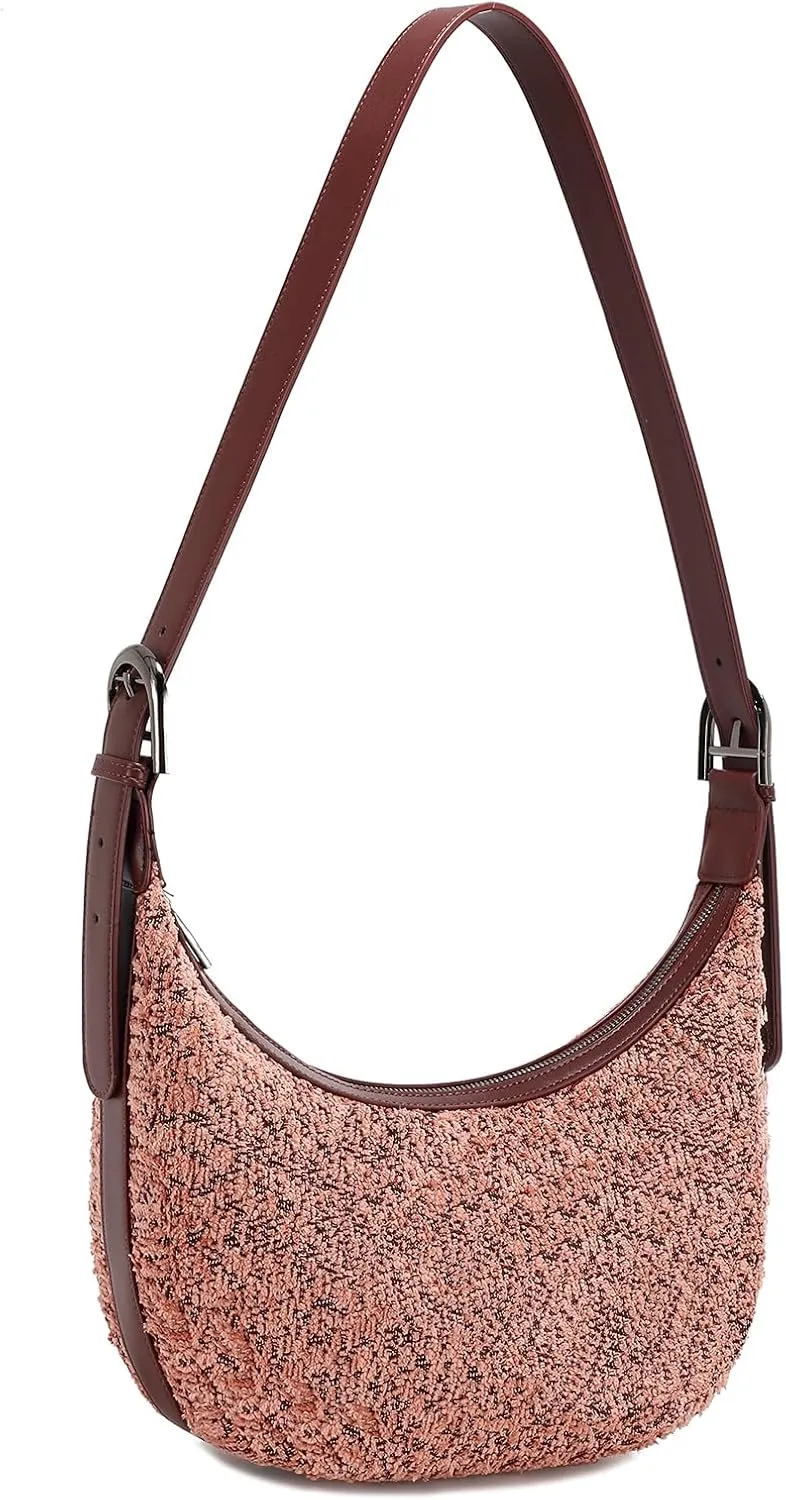 E Sherpa Shoulder Bag for Women Jacquard Fleece Hobo Tote Handbag Clutch Purse