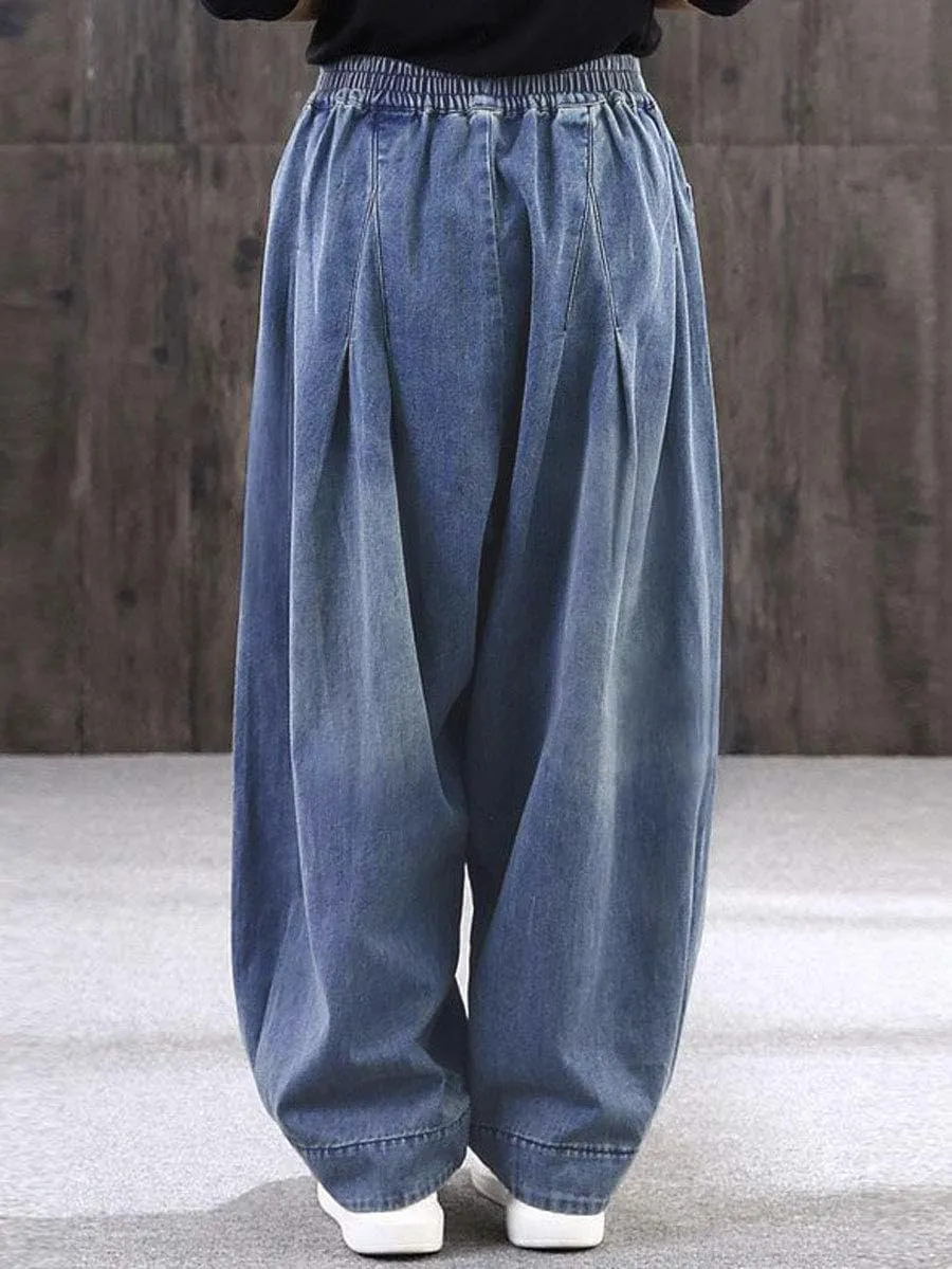 ebossy Women's Denim Harem Pants Elastic Waist Pleated Wide Leg Baggy Jeans