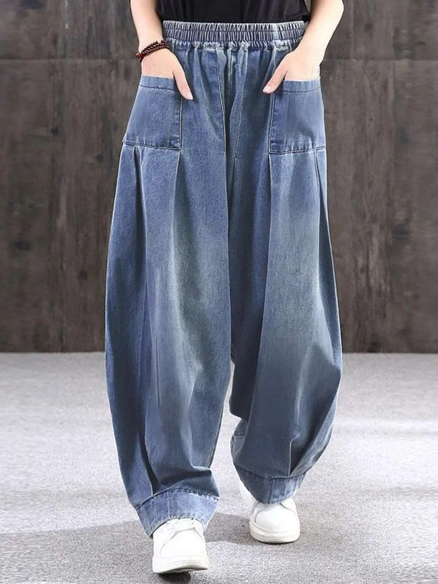 ebossy Women's Denim Harem Pants Elastic Waist Pleated Wide Leg Baggy Jeans