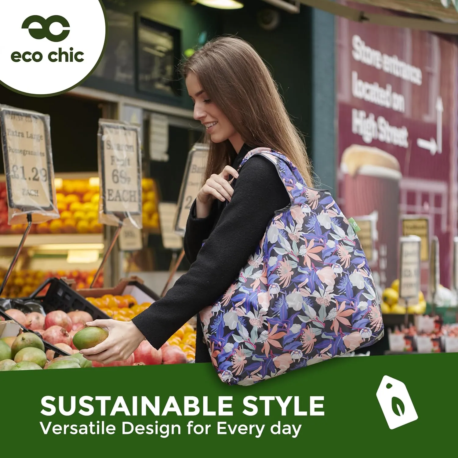 ECO CHIC Foldable Reusable Large Recycled Grocery Bags Lightweight Shopping Tote Bags with Storage Pouch - Collection of 2 bags