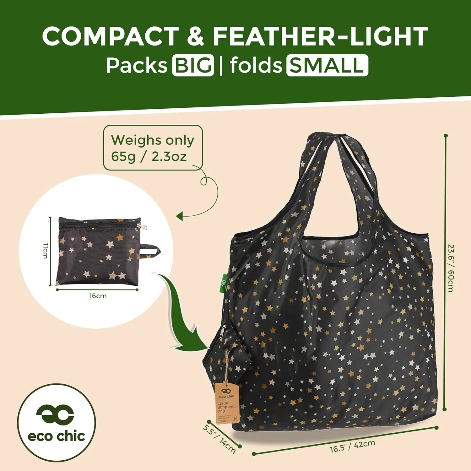 ECO CHIC Foldable Reusable Large Recycled Grocery Bags Lightweight Shopping Tote Bags with Storage Pouch - Collection of 2 bags
