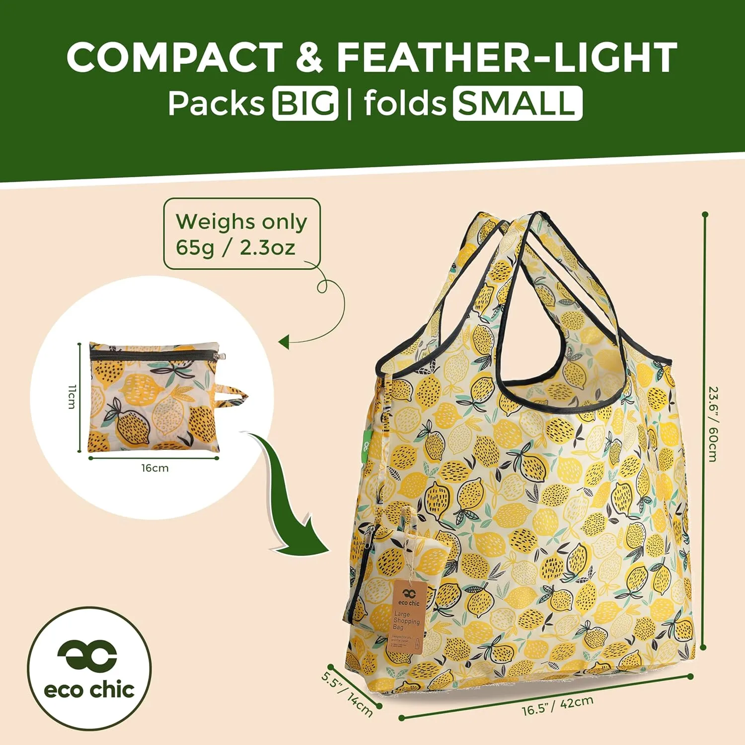 ECO CHIC Foldable Reusable Large Recycled Grocery Bags Lightweight Shopping Tote Bags with Storage Pouch - Collection of 2 bags
