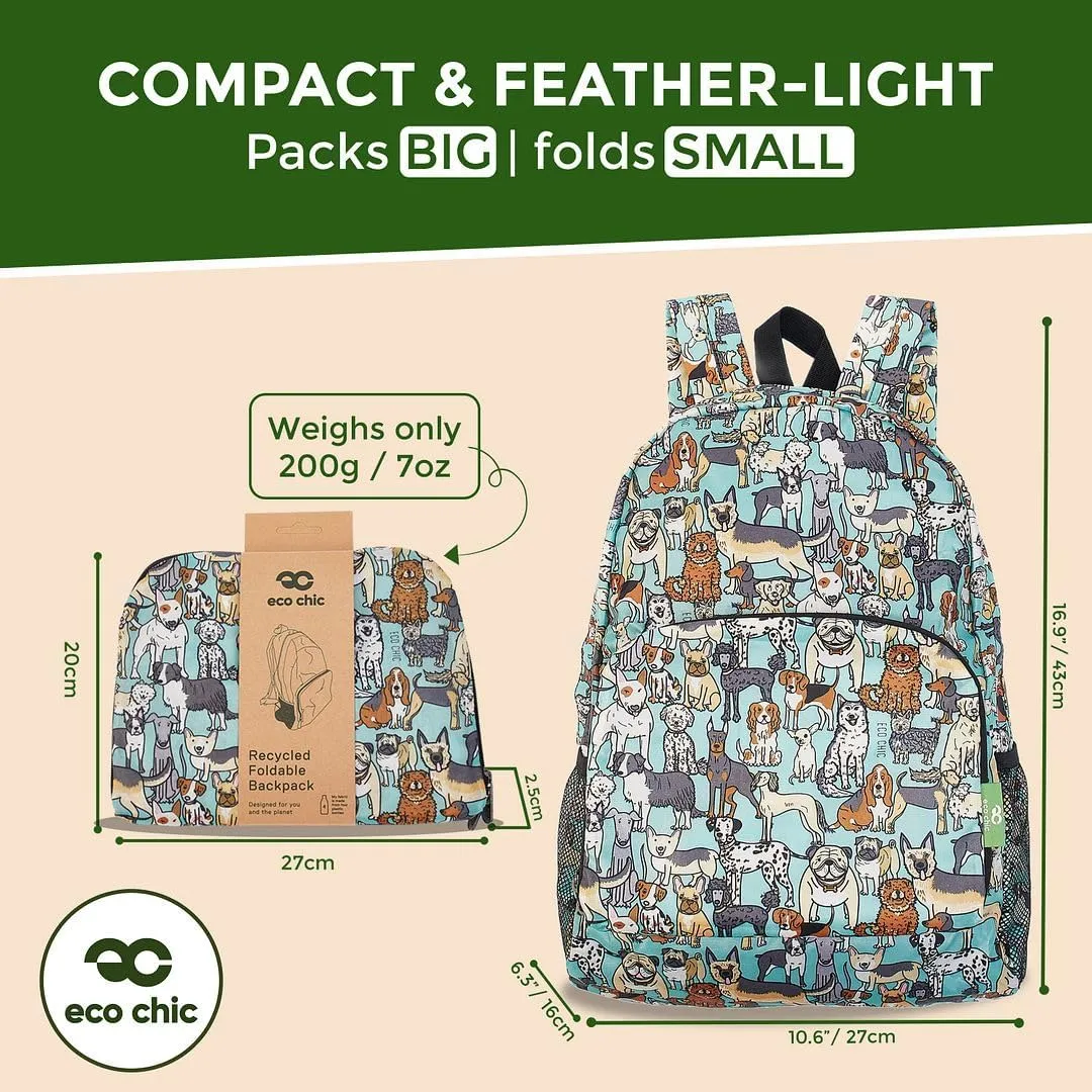 ECO CHIC Hiking Lightweight Packable Backpack - Foldable Daypack for Travel & Hiking & Outdoor Adventures - Waterproof Backpack from Recycled Materials (Dogs Teal)