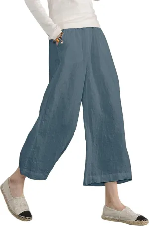 ECUPPER Womens Cotton Cropped Pants Loose Fit Wide Leg Capri Casual Plus Size Elastic Waist Trousers